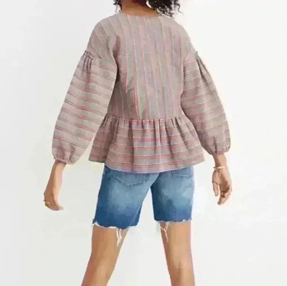 Madewell Womens Gray and Red Striped Bubble-Sleeve Peplum Top M - Picture 3 of 16